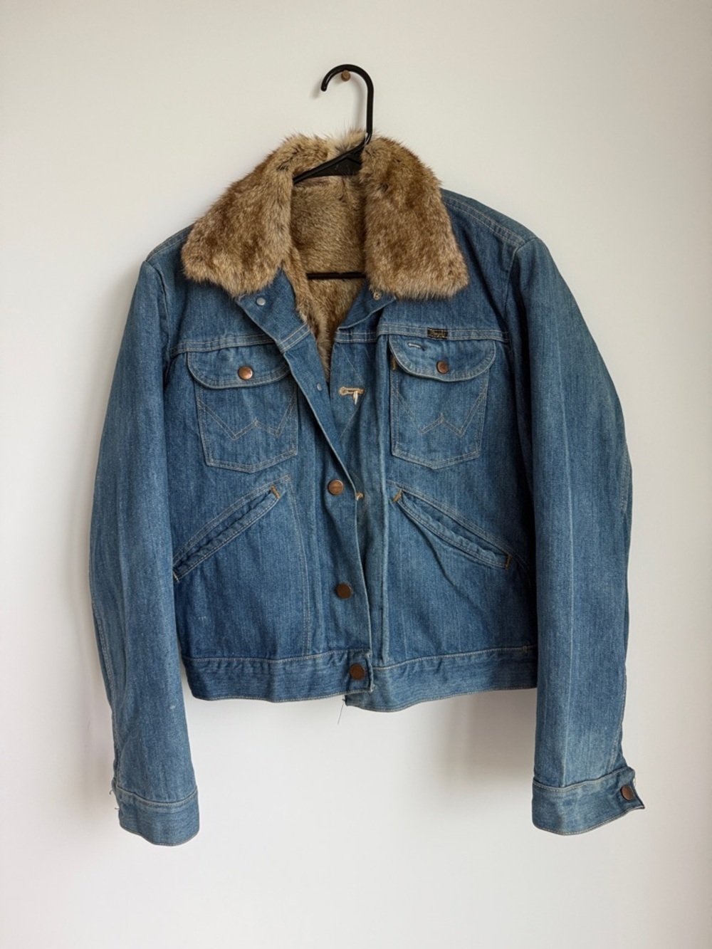 Rare vintage 70’s wrangler denim jacket real rabbit fur lined